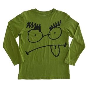 Place T-Shirt Boys Large 10/12 Long Sleeve Tee Green Funny Face Monster Drawing